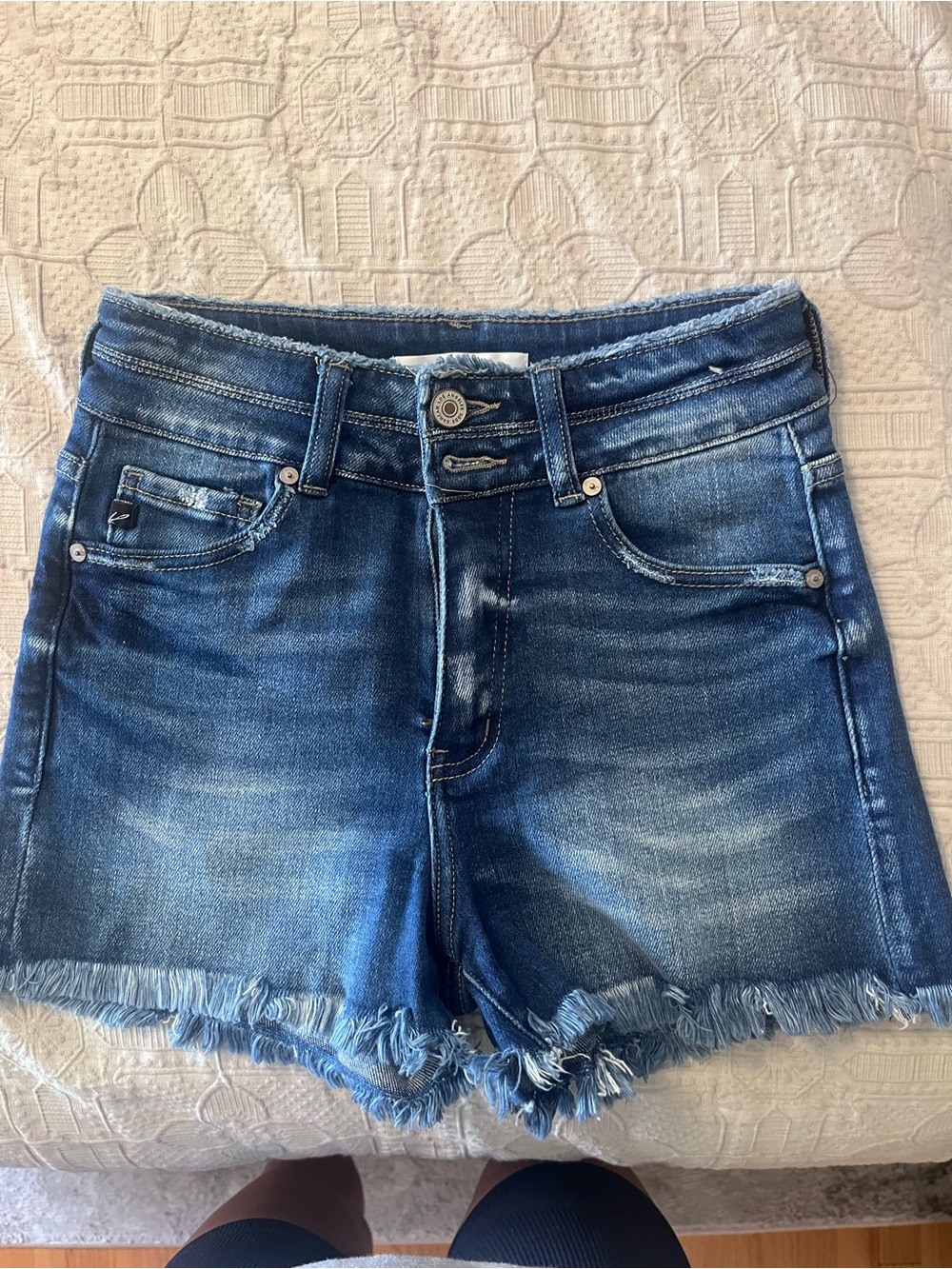 KanCan Medium Blue Frayed Hem Denim Shorts